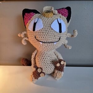 Handmade Tan Brown Crochet Pokemon Meowth Stuffed Plush Animal NEW